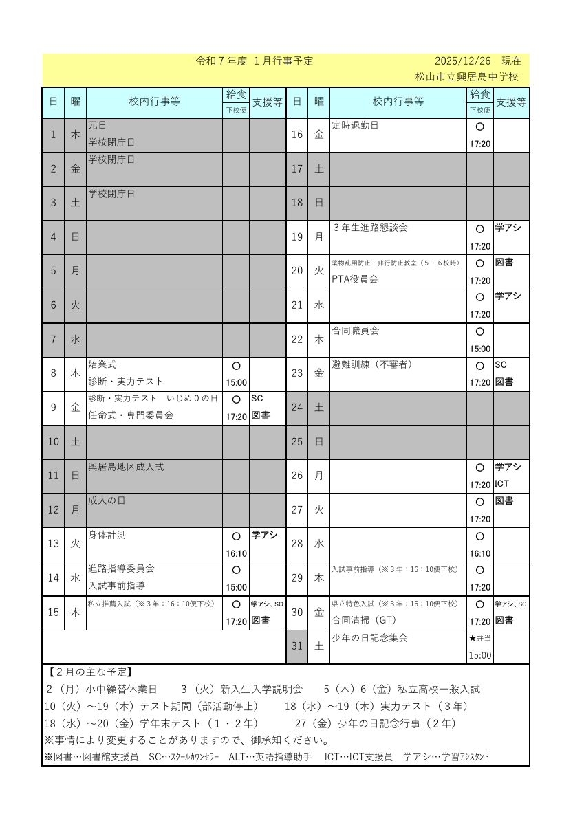 R7_１月行事予定（保護者用）.pdfの1ページ目のサムネイル
